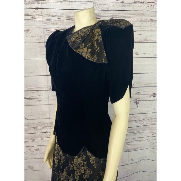 Vintage 80s Scott McClintock Black Velvet Gold Floral Open Back Dress size 10 - Picture 13 of 16